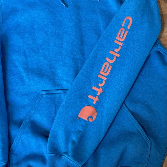 Carhartt K288 Loose Fit Hoodie Sweatshirt Logo Sleeve Blue Mens Size Medium - Picture 3 of 10